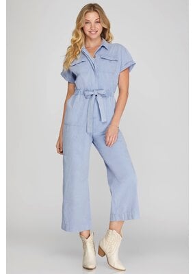 She + Sky Woven Wash Button Front Jumpsuit