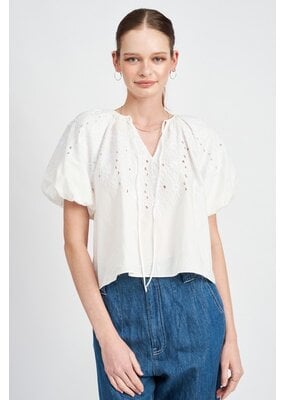 Jacquie the Label Bubble Sleeve Eyelet Top