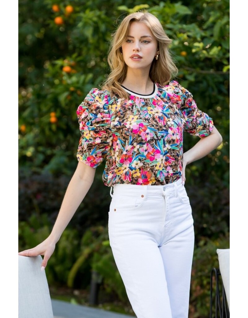 THML THML Ruched Sleeve Floral Top