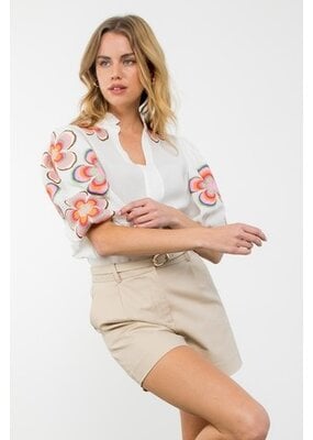 THML Embroidered Flower Sleeve Top