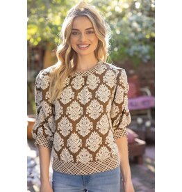 Voy Shirred Sleeve Printed Knit Top