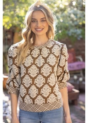 Voy Shirred Sleeve Printed Knit Top