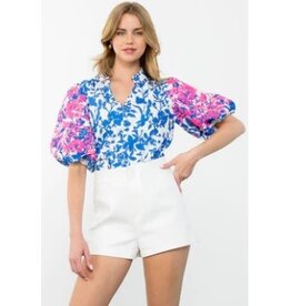 THML Embroidered Puff Sleeve Print Top