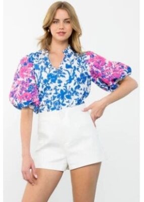 THML Embroidered Puff Sleeve Print Top