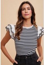 Anniewear Ruffled Sleeve Striped Knit Top