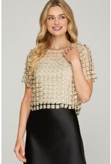 She + Sky She + Sky Lurex Crochet Lace Pearl Beaded Top