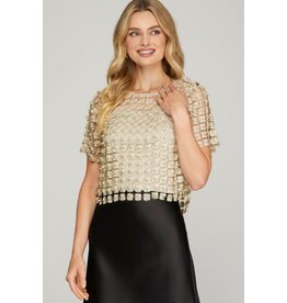 She + Sky Lurex Crochet Lace Pearl Beaded Top