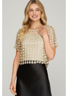 She + Sky Lurex Crochet Lace Pearl Beaded Top