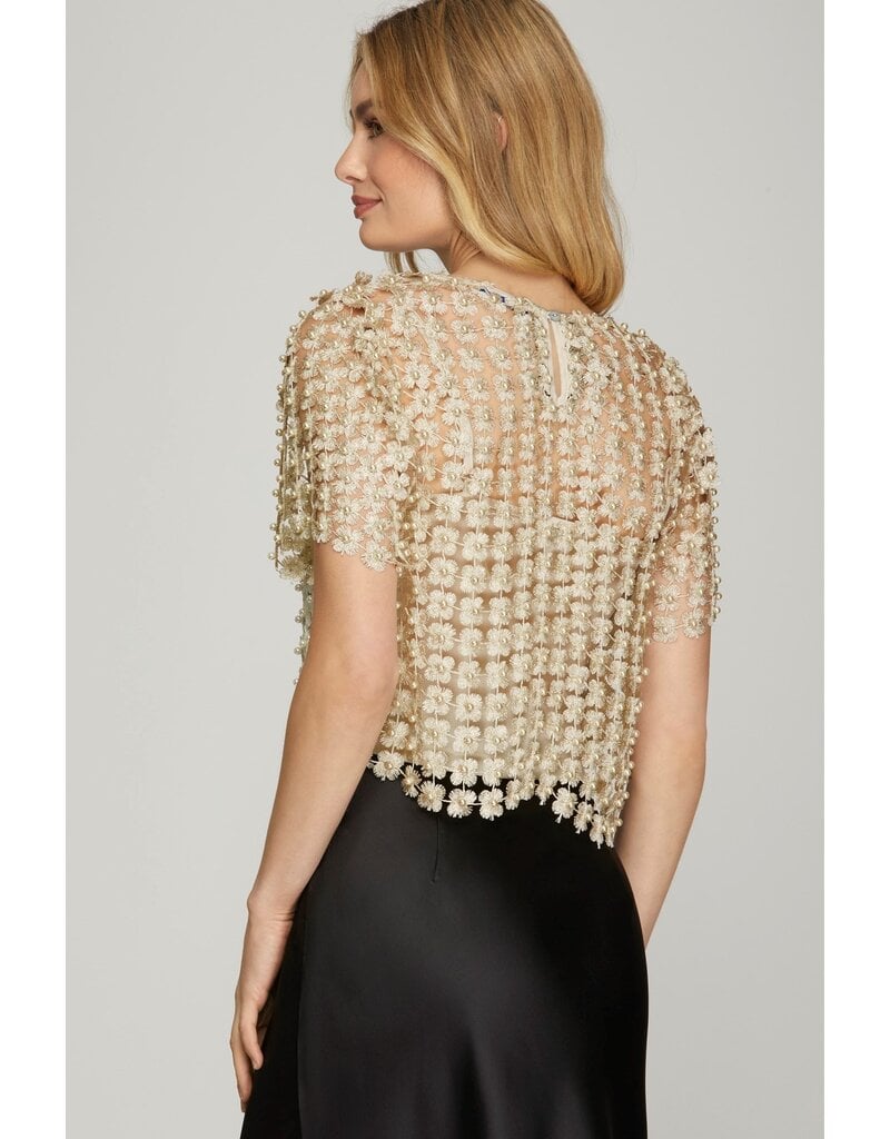 She + Sky She + Sky Lurex Crochet Lace Pearl Beaded Top