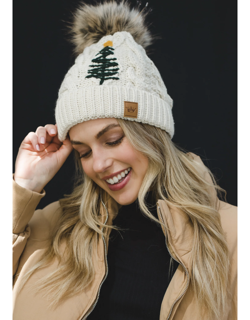 Panache Apparel Panache Apparel Cable Knit Pom Hat w/Embroidered Tree