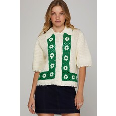 She + Sky She + Sky Short Sleeve Button Down Crochet Top