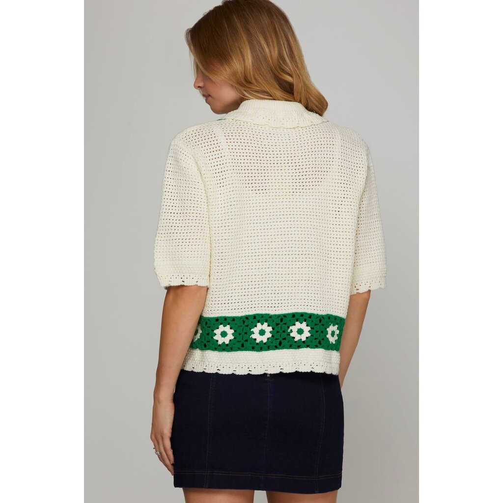 She + Sky She + Sky Short Sleeve Button Down Crochet Top