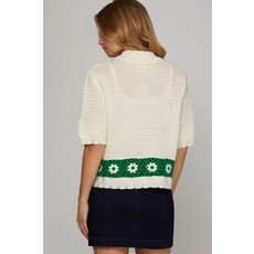 She + Sky She + Sky Short Sleeve Button Down Crochet Top
