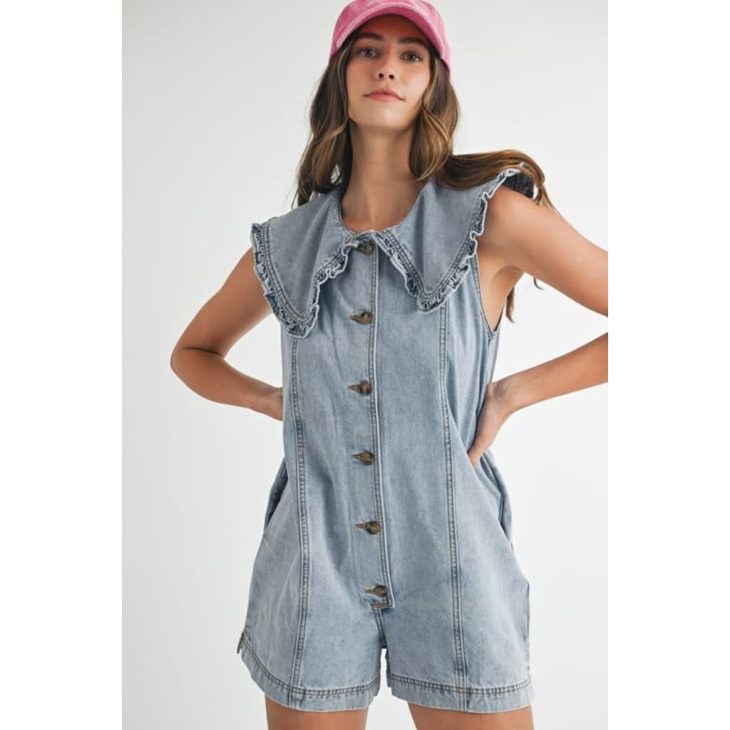Mable Mable Ruffled Collar Button Down Jean Romper