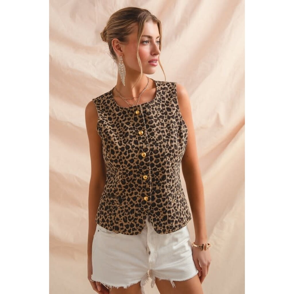 So Me So Me Leopard Print Denim Vest