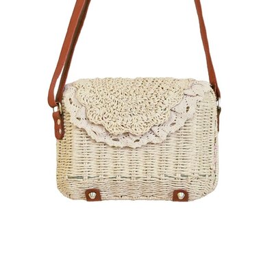 Cap Zone Lace Trim Crochet Rattan Straw Messenger Bag