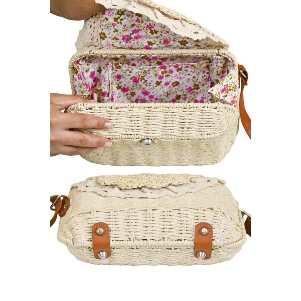 Cap Zone Cap Zone Lace Trim Crochet Rattan Straw Messenger Bag