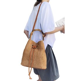 Cap Zone Bamboo Handle Drawstring Woven Rattan Bucket Bag
