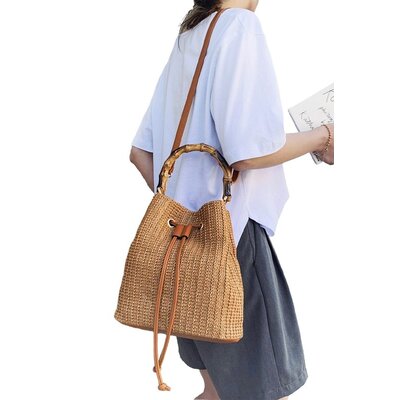 Cap Zone Bamboo Handle Drawstring Woven Rattan Bucket Bag