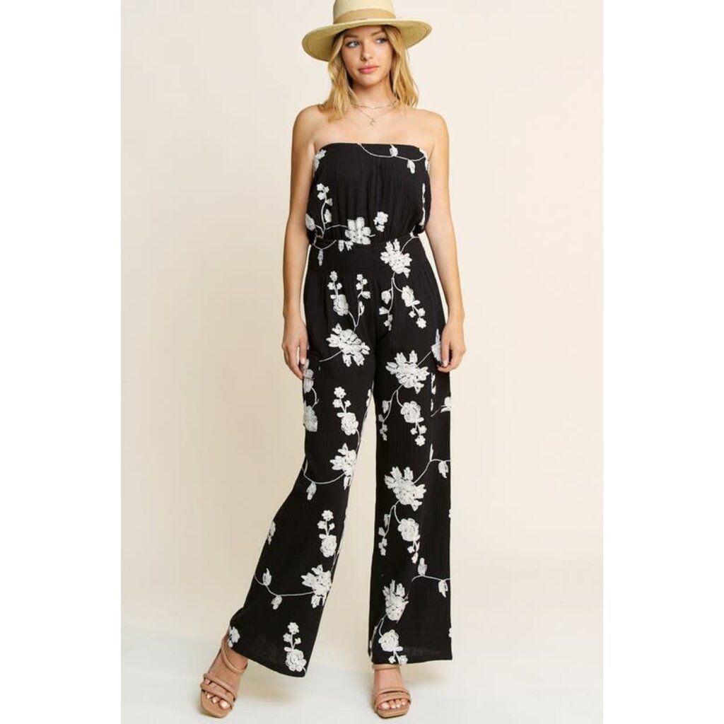 Hersy Hersy Embroidered Strapless Smocked Gauze Jumpsuit
