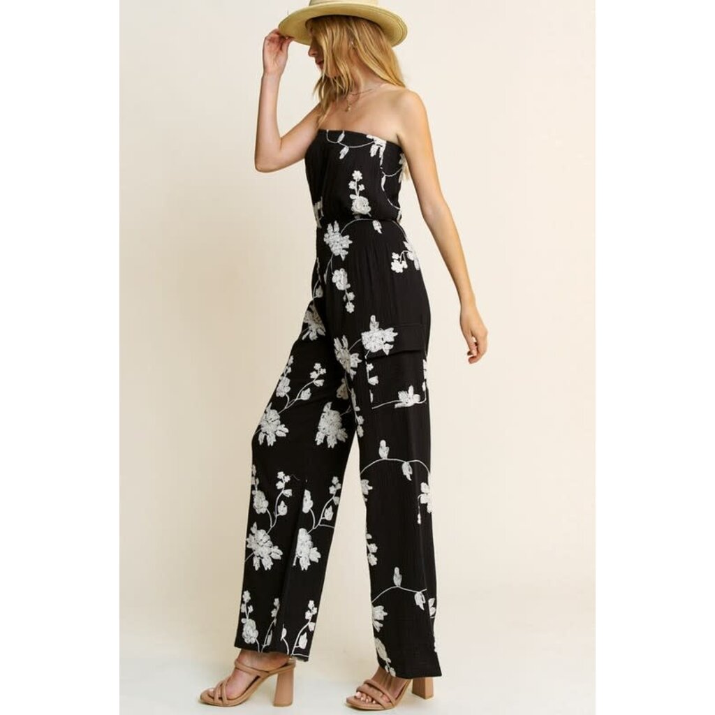 Hersy Hersy Embroidered Strapless Smocked Gauze Jumpsuit