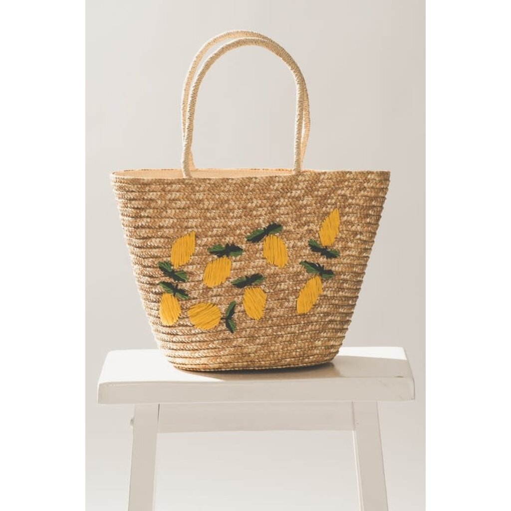 Trend Notes Trend Notes Lemon Embroidered Straw Tote Bag