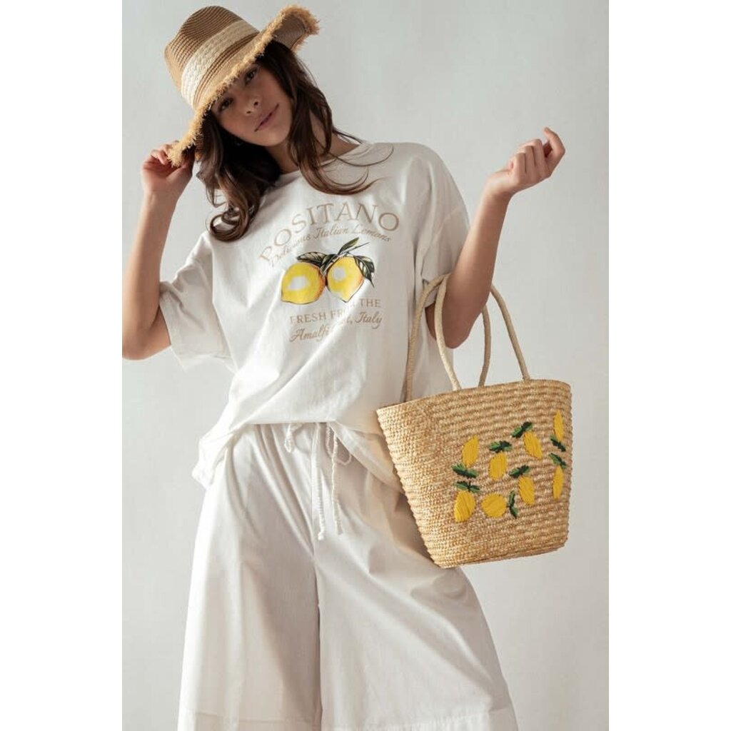 Trend Notes Trend Notes Lemon Embroidered Straw Tote Bag
