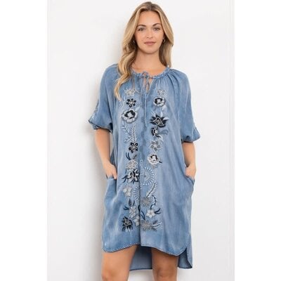 Blue Velvet Embroidery Balloon Sleeve Tunic Dress