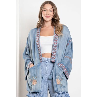 Blue Velvet Embroidered Washed Denim Duster