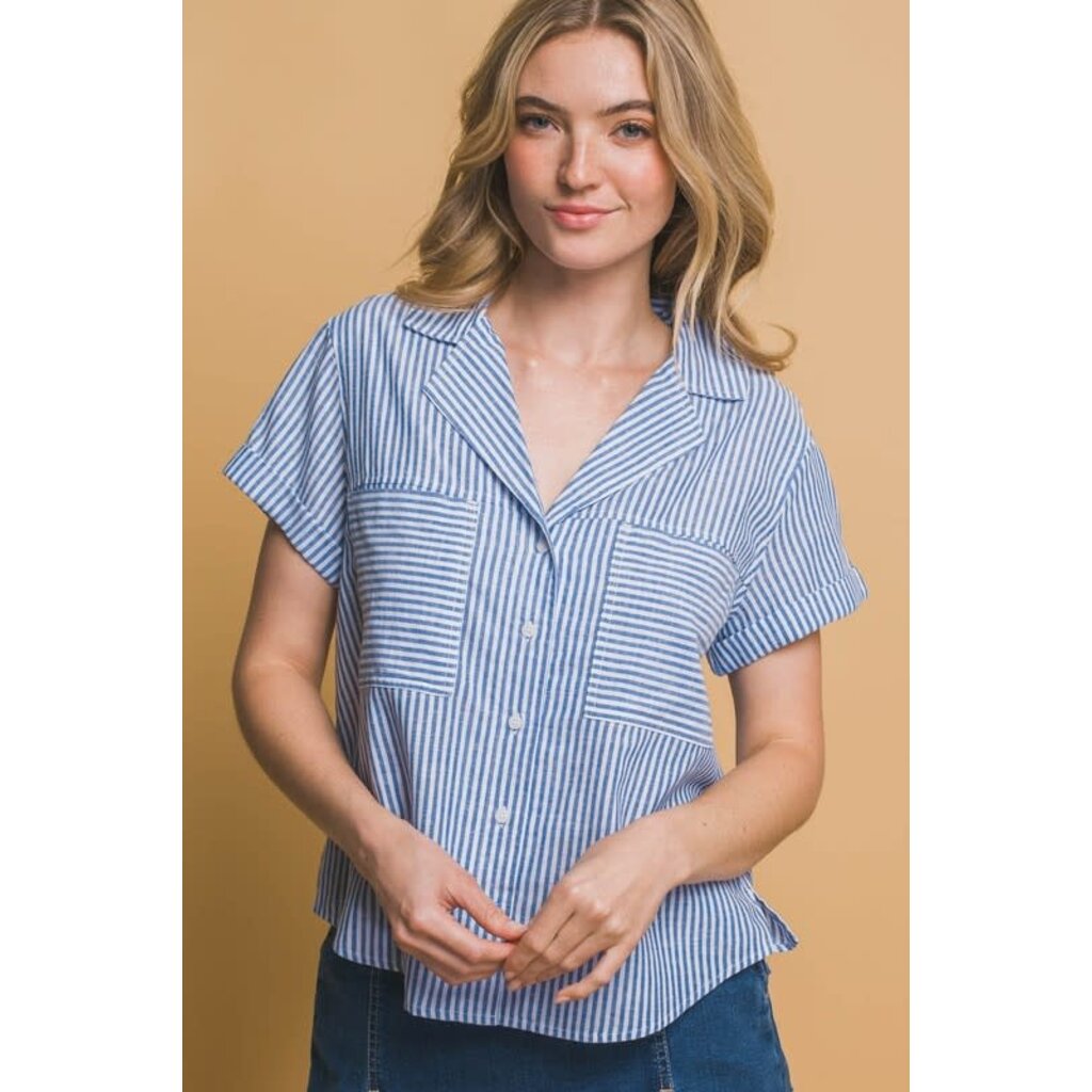Love Tree Love Tree Linen Short Sleeve Striped Shirt