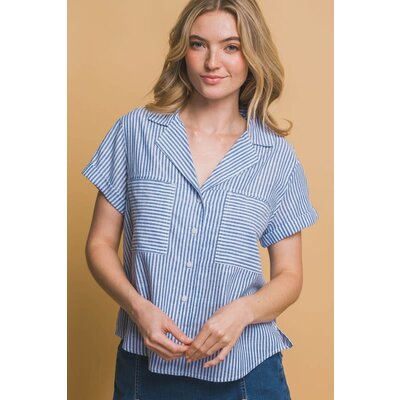 Love Tree Linen Short Sleeve Striped Shirt