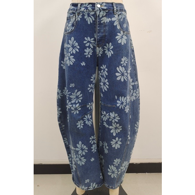 Blue Velvet Flower Print Barrel Jean