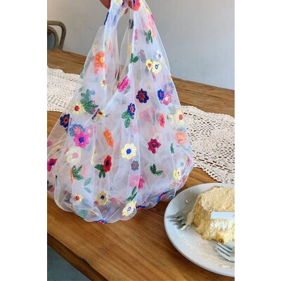 Swan Madchen Embroidered Floral Mesh Sheer Tote Handbag