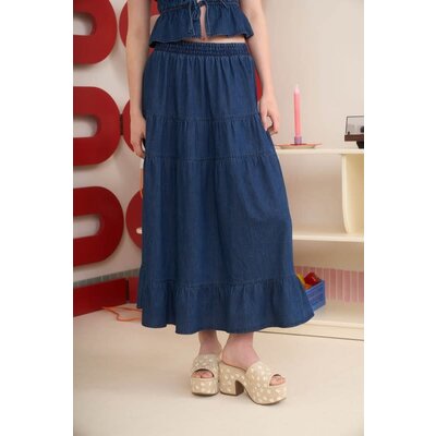 Blu Pepper Elastic High Waist Tiered Midi Skirt