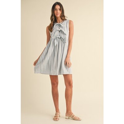 Anniewear Vertical Striped Front Bow Detail Mini Dress