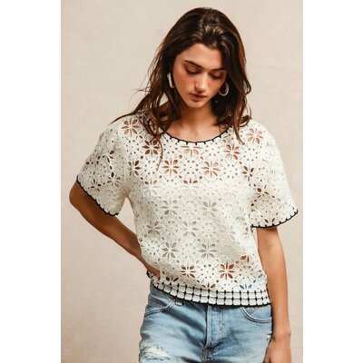 Bibi Solid Pointelle Short Sleeve Top
