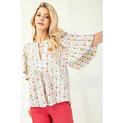 Gigio Split Neck Top with Cape Sleeves