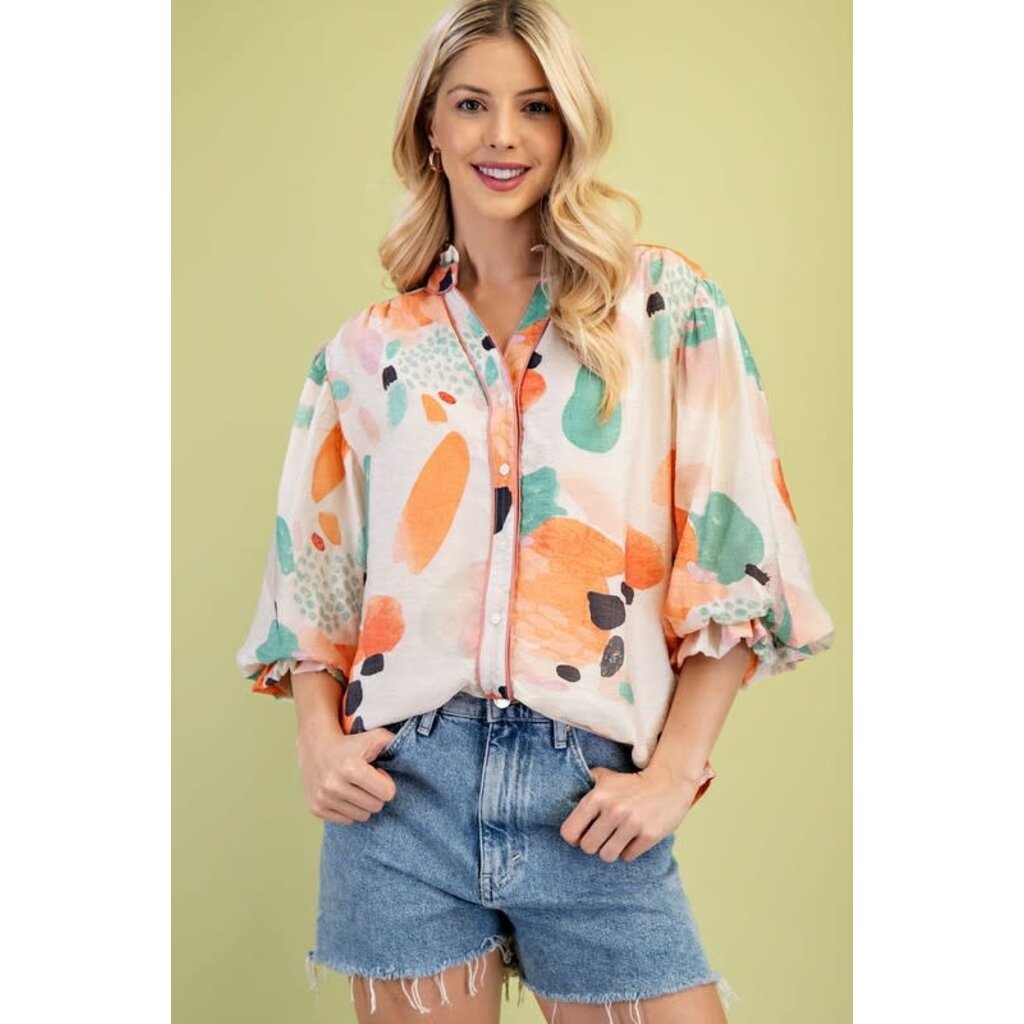 Gigio Gigio Printed Blouse with Gathered Balloon Sleeves