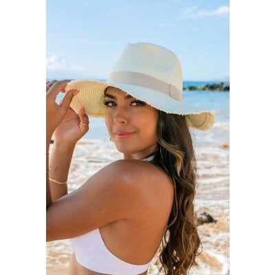 Aili's Corner Fray Edge Ribbon Accent Panama Fedora Hat