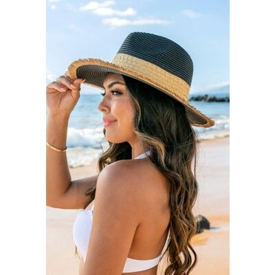Aili's Corner Fray Edge Rattan Band Straw Panama Fedora Hat