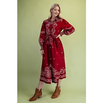Gigio Printed Midi Shirt Dress with Waist Tie