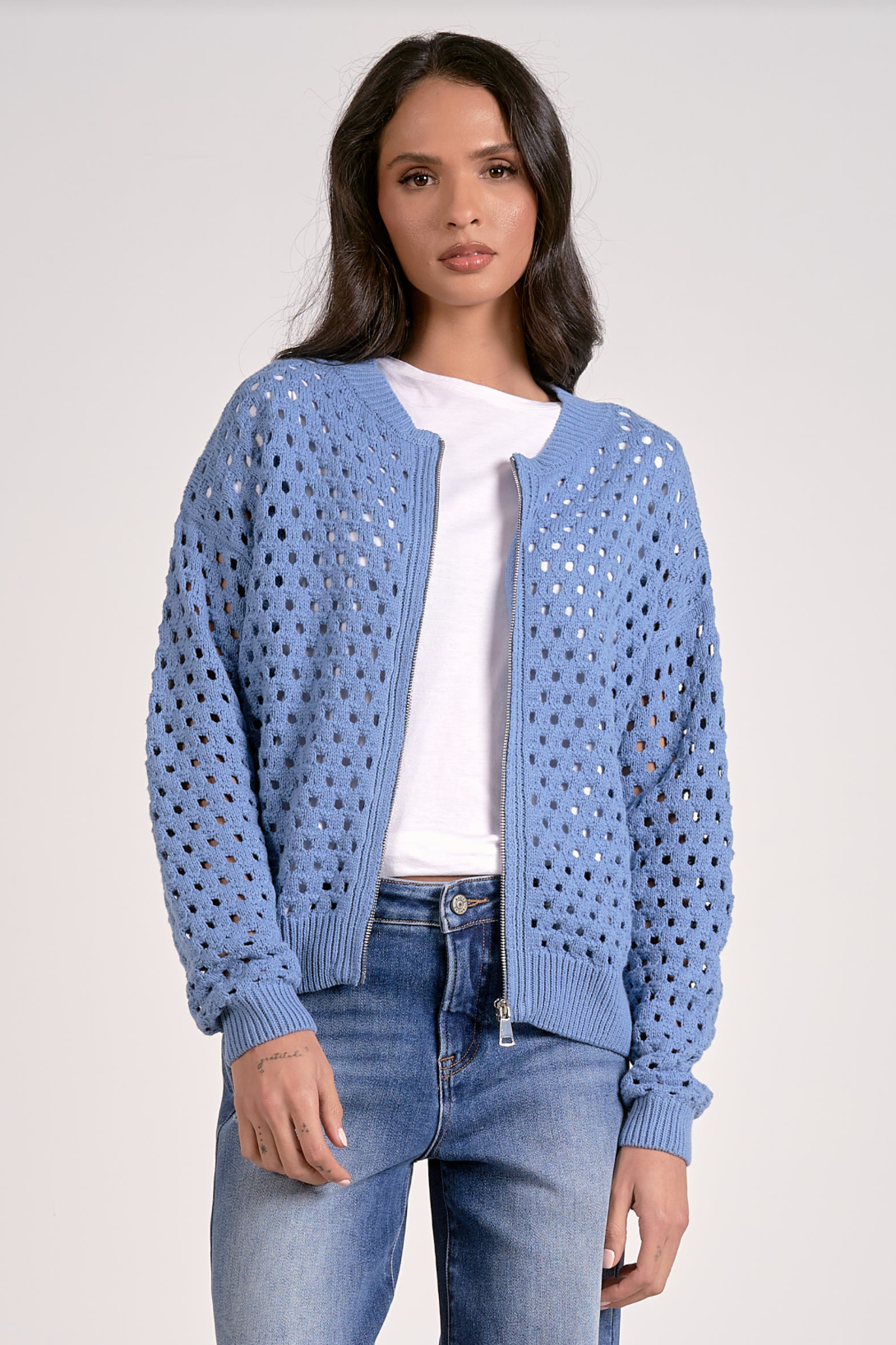 Elan Crochet Zip Up Sweater SW11355 - Bootery Boutique