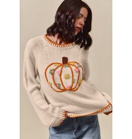 So Me Pumpkin Floral Embroidered Sweater