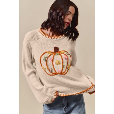 So Me Pumpkin Floral Embroidered Sweater