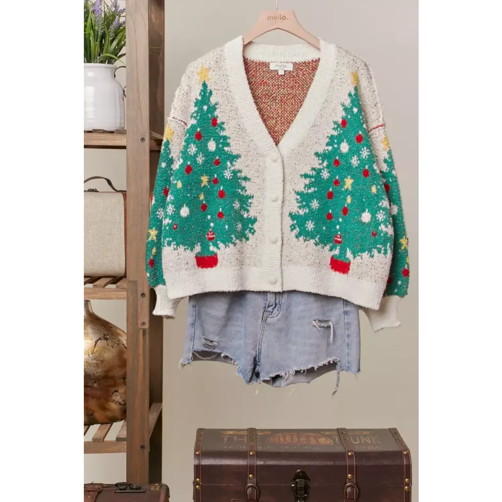 Mello Mello Merry Pine V Neck Knit Cardigan