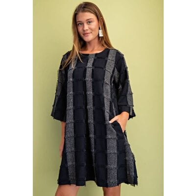 Gigio Frayed Textured Check Print Pleated Dress