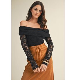 Mustard Seed Scrunch Side Off Shoulder Lace Top