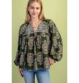 Gigio Printed Balloon Sleeve V Neck Blouse