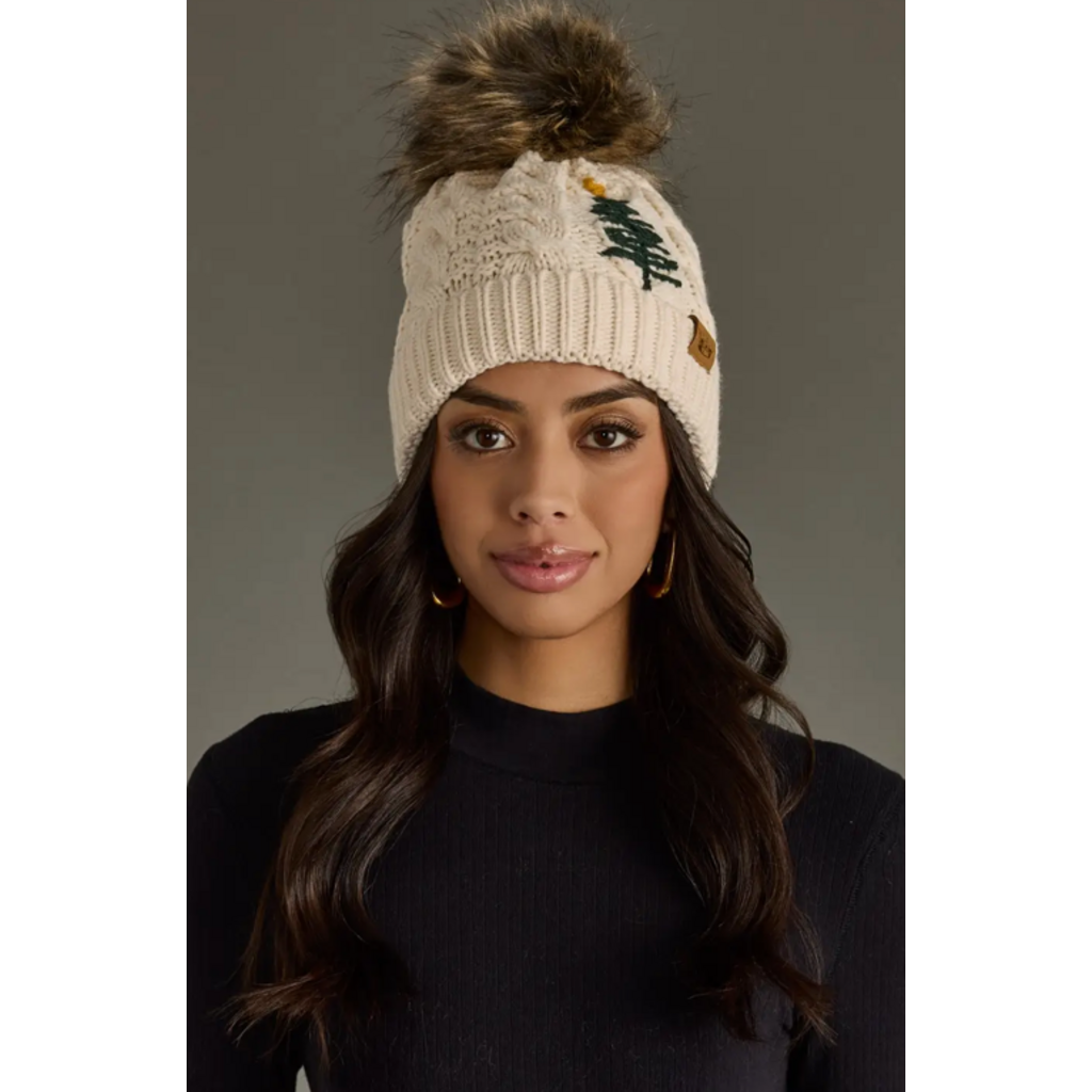 Panache Apparel Panache Apparel Cable Knit Pom Hat with Embroidered Tree