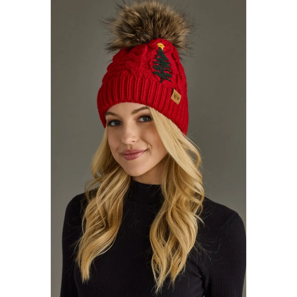 Panache Apparel Panache Apparel Cable Knit Pom Hat with Embroidered Tree